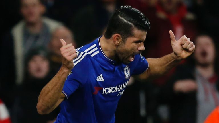 Diego Costa celebrates after scoring the only goal of the game in Chelsea's 1-0 win over Arsenal at the Emirates
