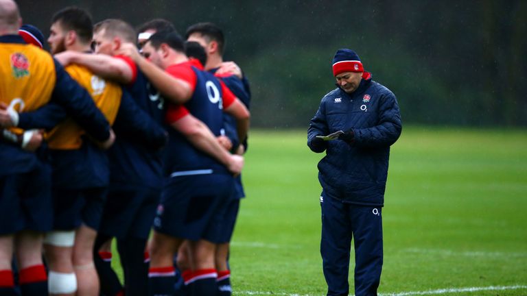 England head coach Eddie Jones assesses the England squad during a training session