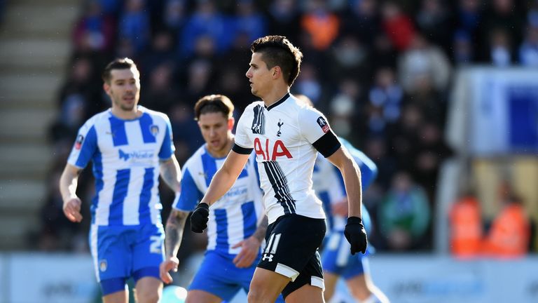 Erik Lamela of Tottenham Hotspur in action during the Emirates FA Cup Fourth Round match v Colchester United