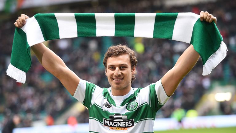 New Celtic signing Erik Sviatchenko is unveiled to the fans before kick-off