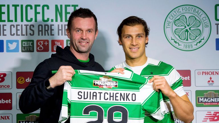 Celtic manager Ronny Deila with new signing Erik Sviatchenko