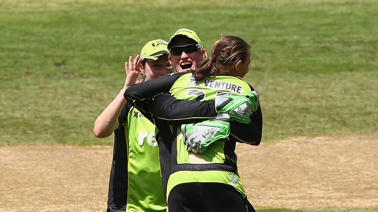 Erin Osborne celebrates after taking the wicket of Marizanne Kapp