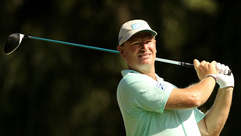 Ernie Els hits his tee shot on the 16th hole during the first round of the BMW South African Open Championship 