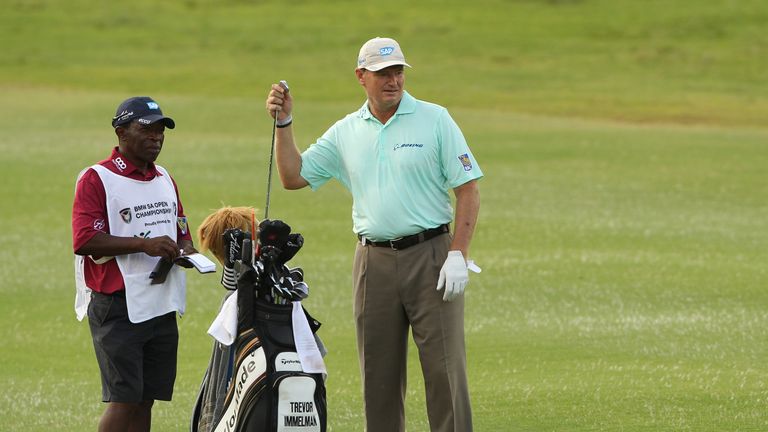 Ernie Els of South Africa hits his third shot on the 13th hole during the first round of the BMW South African Open Championship at Glendower Golf Club