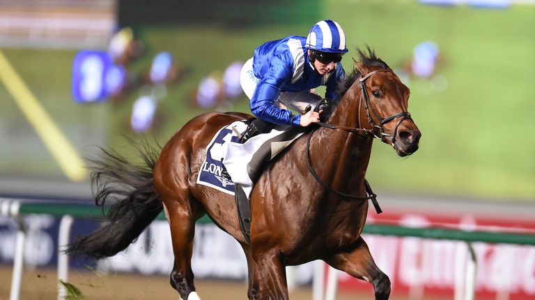 Ertijaal comes home clear under Paul Hanagan to win the Longines Dolce Vita Collection Handicap at Meydan (pic: Andrew Hawkins/ Dubai Racing Club)