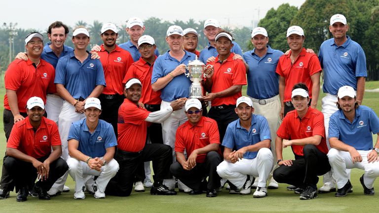 KUALA LUMPUR, MALAYSIA - MARCH 29:  Team Asia and Team Europe celebrate together after the first EurAsia Cup finished in a tie. They are pictured after the