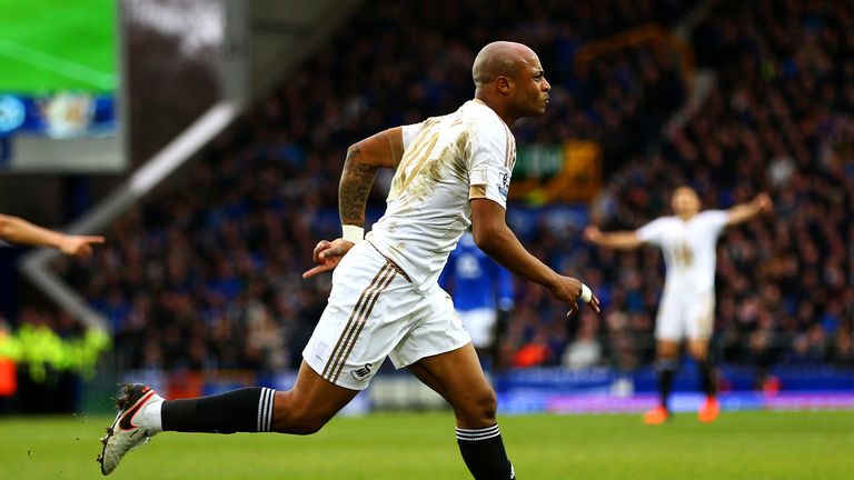 Swansea's Andre Ayew celebrates after scoring against Everton
