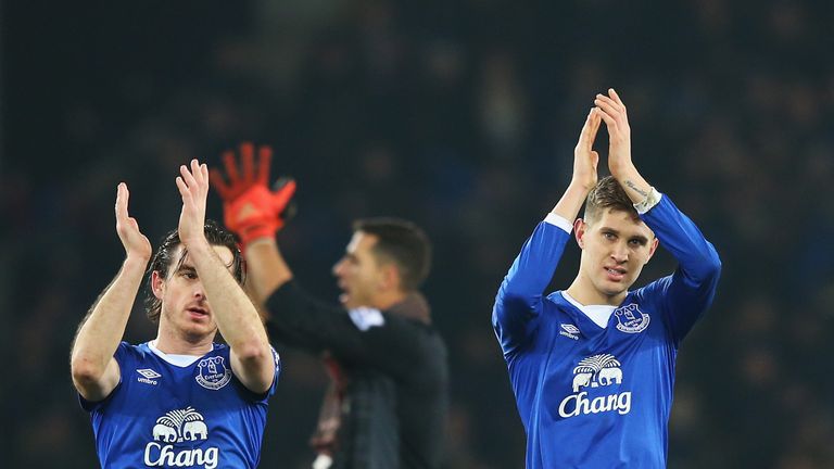Leighton Baines and John Stones of Everton celebrate after the Capital One Cup Semi Final First Leg match between Everton 