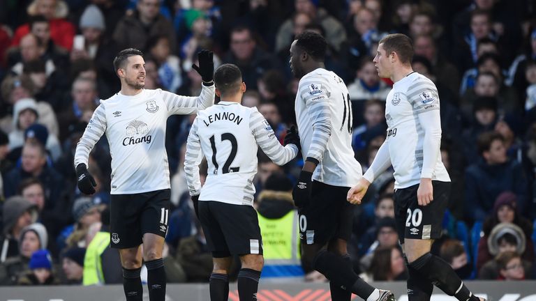 Kevin Mirallas, Aaron Lennon, Romelu Lukaku and Ross Barkley of Everton celebrate their team's second goal