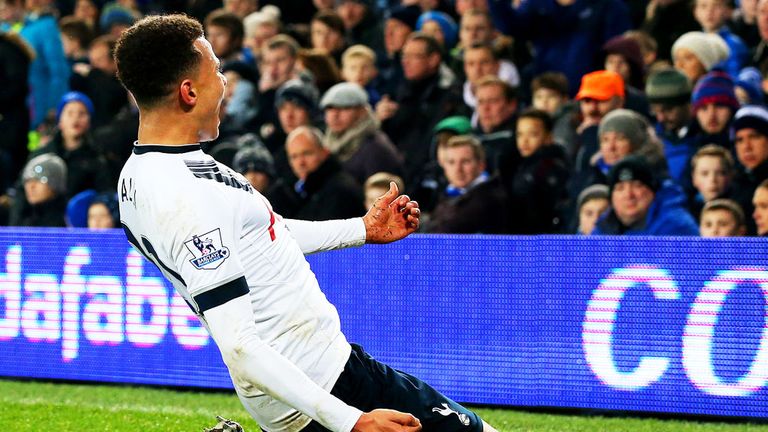 Dele Alli celebrates his goal for Tottenham at Everton