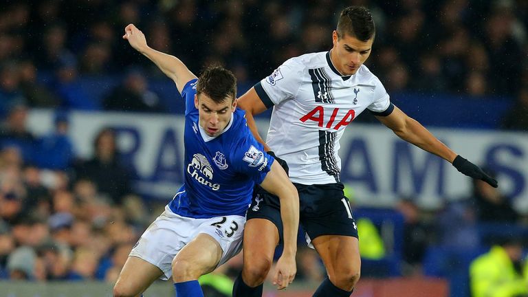 LIVERPOOL, ENGLAND - JANUARY 03:  Seamus Coleman of Everton battles for the ball with Erik Lamela of Tottenham Hotspur during the Barclays Premier League m