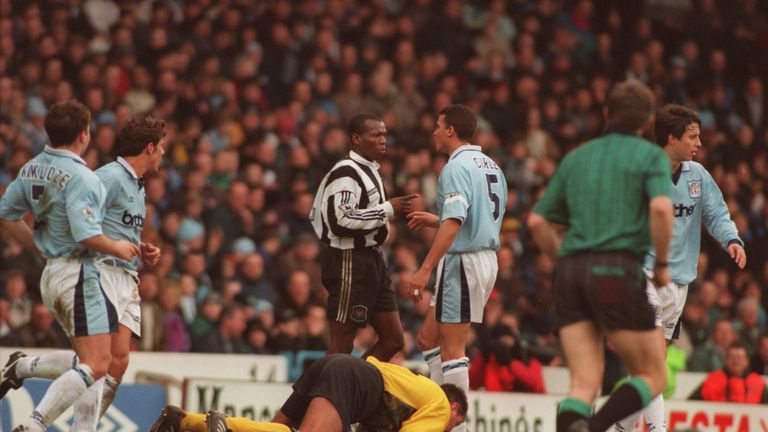 30 Apr 1996:  Keith Curle of Manchester City and Faustino Asprilla of Newcastle involved in an incident in the Premier League match played at Maine Road, 