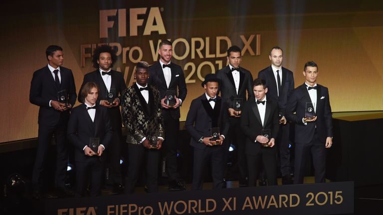 The FIFA FIFPro World XI assembles on stage during the FIFA Ballon d'Or Gala 2015 at the Kongresshaus