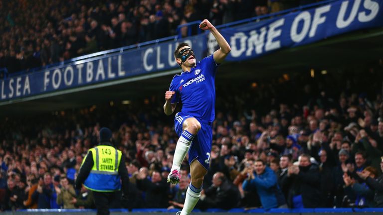 Cesar Azpilicueta of Chelsea celebrates scoring his team's first goal against West Brom