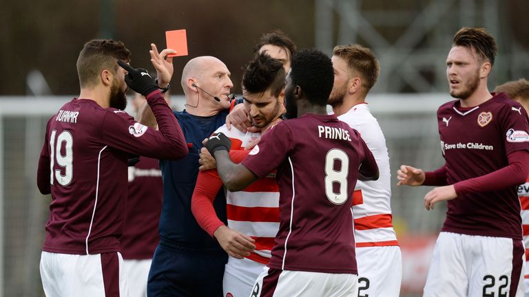 Hamilton's Jesus Garcia Tena (centre) is sent off