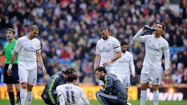 Gareth Bale of Real Madrid lies injured during the La Liga match between Real Madrid and Sporting Gijon 