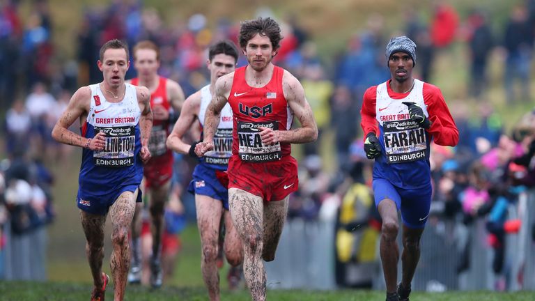 Garret Heath of USA (centre) leads Mo Farah to win the Senior men's 8Km during the Great Edinburgh X Country  in Holyrood Park