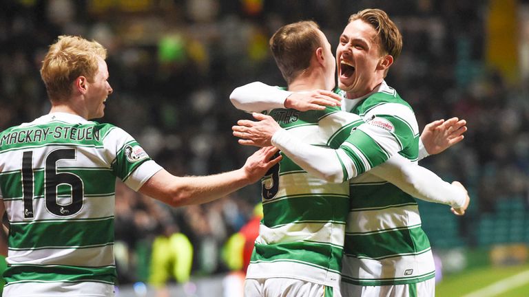 Gary Mackay-Steven, Leigh Griffiths and Scott Allan celebrate Celtic's seventh goal