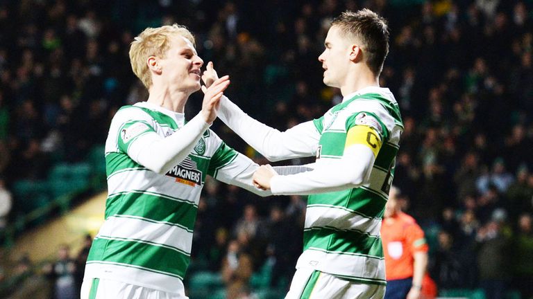 Gary Mackay-Steven congratulates Mikael Lustig after the Celtic captain scored against Hamilton 