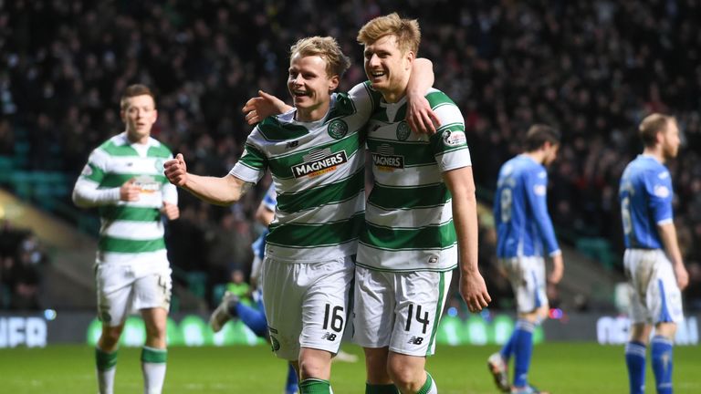 Celtic's Gary Mackay-Steven (left) celebrates his second goal with team-mate Stuart Armstrong against St Johnstone