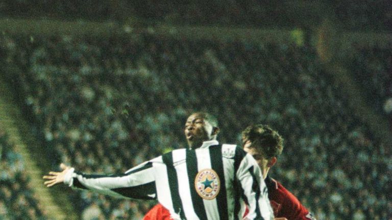 4 Mar 1996:  Gary Neville of Manchester United clears from Faustino Asprilla of Newcastle during the Premier League 'title decider' match at St James' Park