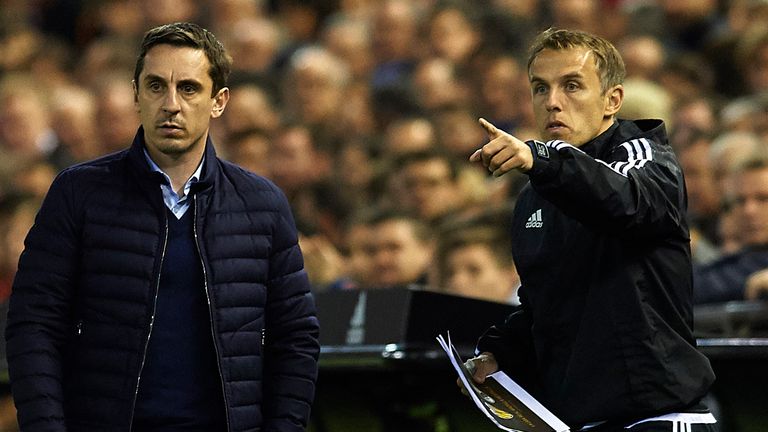 Gary Neville (L) manager of Valencia CF and his assistant Phil Neville