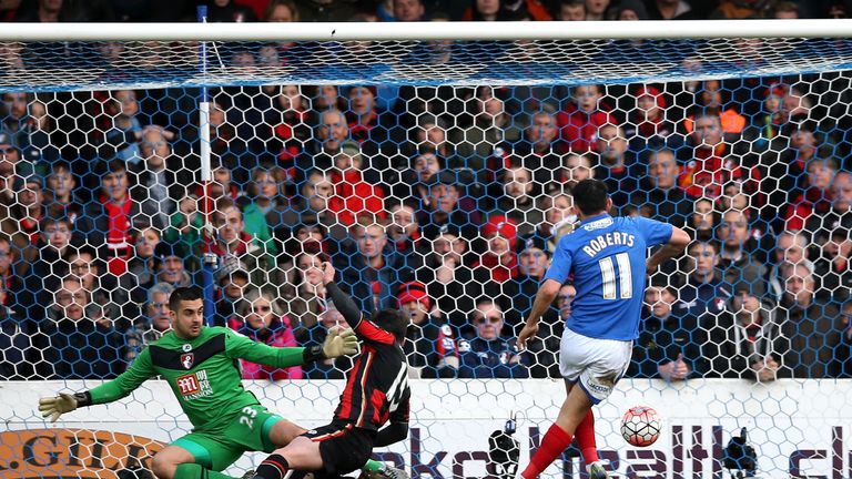 Gary Roberts opens the scoring for Portsmouth against Bournemouth 