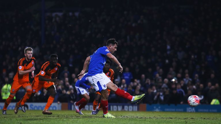 Gary Roberts converts a penalty for Portsmouth against Ipswich in the FA Cup third round replay