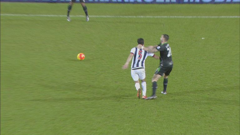 Geoff Cameron (Stoke) is sent off for violent conduct on Claudio Yacob (West Brom)