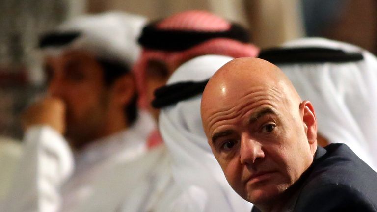 UEFA General Secretary Gianni Infantino sits with UAE officials 