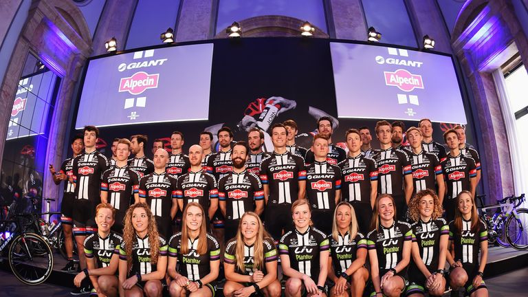 The Giant-Alpecin team pose for a picture at the presentation of the team at the Italian embassy in Berlin on January 7, 2016