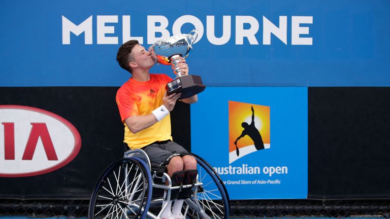 Gordon Reid celebrates on Saturday after winning the wheelchair singles