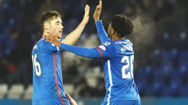 Greg Tansey and Andrea Mbuyi-Mutombo celebrate the first Inverness CT goal