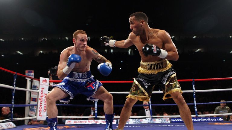 James DeGale (R) of England fights George Groves of England in the British and Commonwealth Super-Middleweight titles