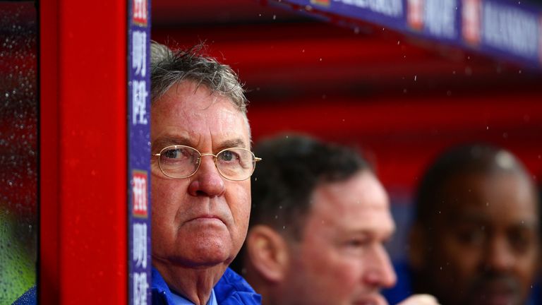 Chelsea manager Guus Hiddink watches on from the dugout during their 3-0 win over Crystal Palace