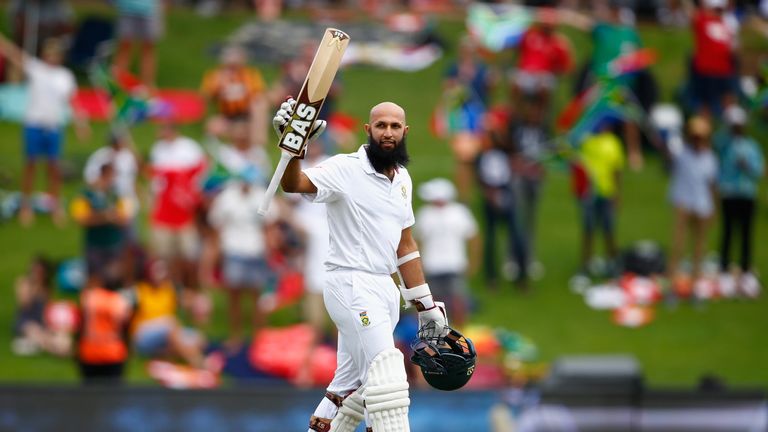 Hashim Amla of South Africa celebrates his century during day one of the 4th Test