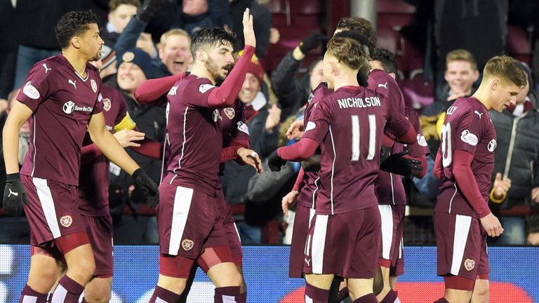 Hearts players celebrate Callum Paterson's early goal against Aberdeen