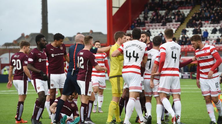 There were angry exchanges between the Hamilton and Hearts players after the incident 