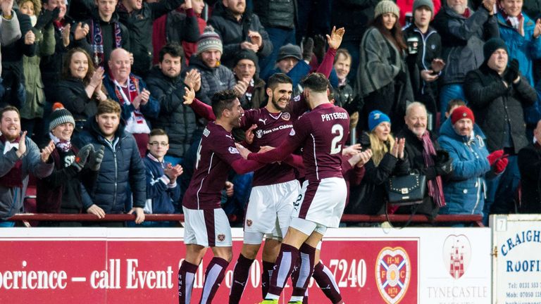 Hearts' Igor Rossi (centre) celebrates his goal with team-mate Miguel Pallardo (left) and Callum Paterson