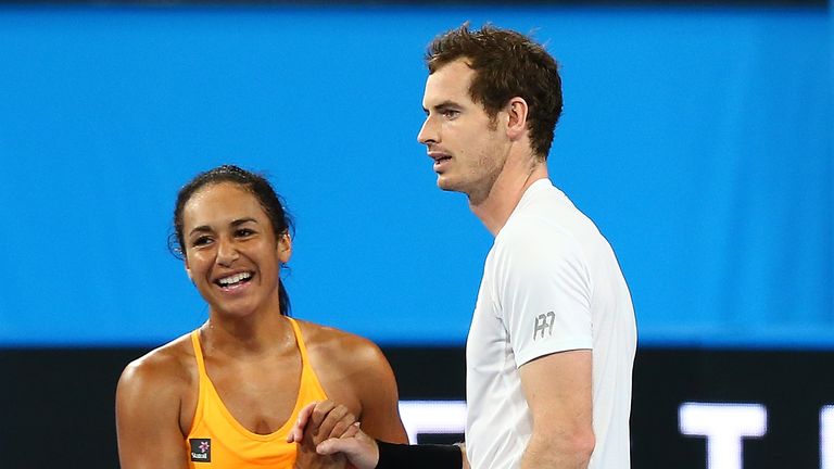 Heather Watson and Andy Murray of Great Britain celebrate winning the mixed doubles match against Sabine Lisicki and Alexander Zverev, Hopman Cup