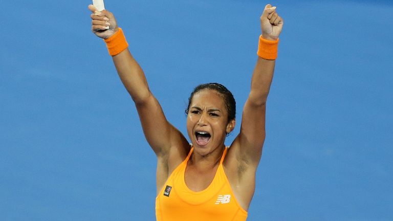 Heather Watson of Great Britain celebrates after defeating Daria Gavrilova of Australia Green 