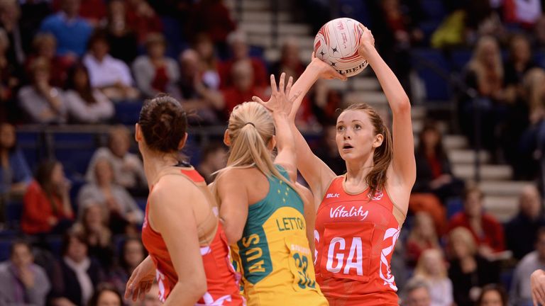 Helen Housby of England shoots during the first match of the Vitality Netball International Series between England and Au