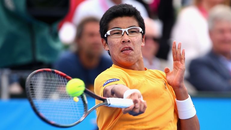 Hyeon Chung of Korea plays a forehand in his match against Nicolas Almagro of Spain at the Kooyong Classic