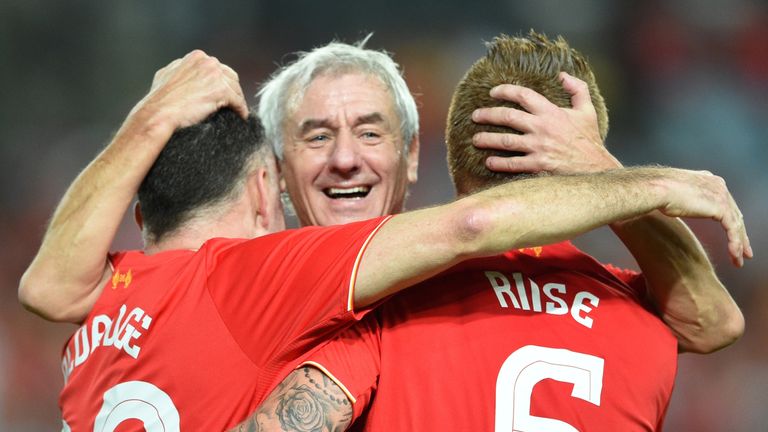 Ian Rush (centre), John Arne Riise (right) and John Aldridge (left) playing for Liverpool Legends celebrate against Australian Legends