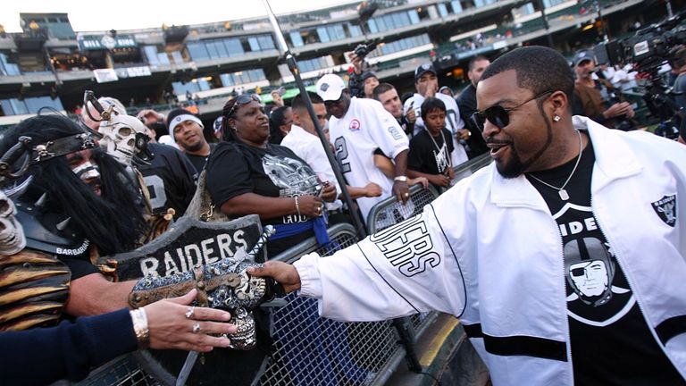 Actor Ice Cube greets fans of the Oakland Raiders prior to the Raiders playing against the San Diego Chargers on September 14,