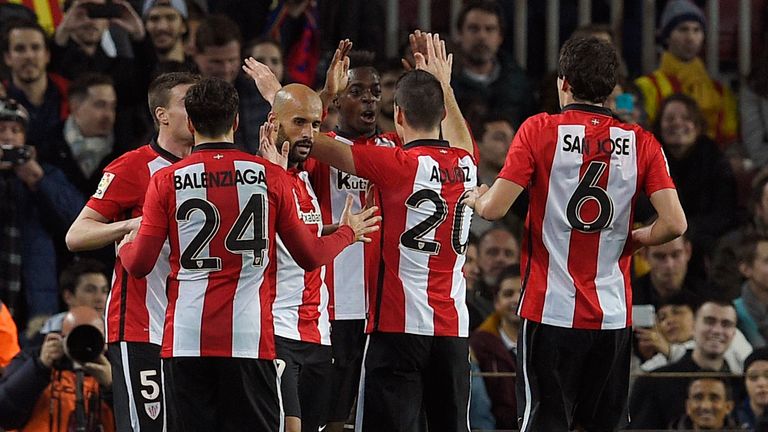 Athletic Bilbao's players celebrate after Inaki Williams' goal in the first half