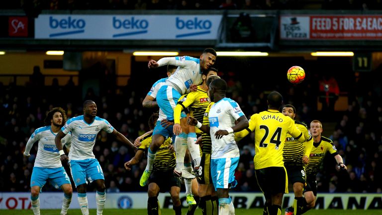 Newcastle's Jamaal Lascelles scores in the 71st minute to reduce the deficit to 2-1 against Watford
