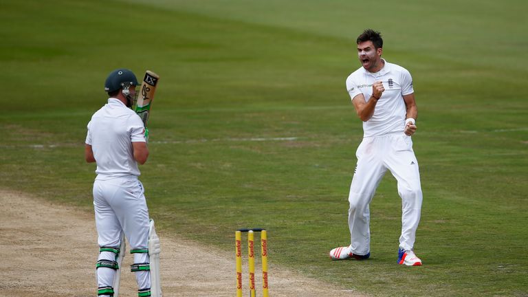 James Anderson of England celebrates taking the wicket of AB de Villiers lbw during day four of the 4th Test at Centurion.