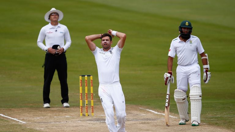 James Anderson of England reacts whilst bowling during day four of the 4th Test at Supersport Park on January 25, 20