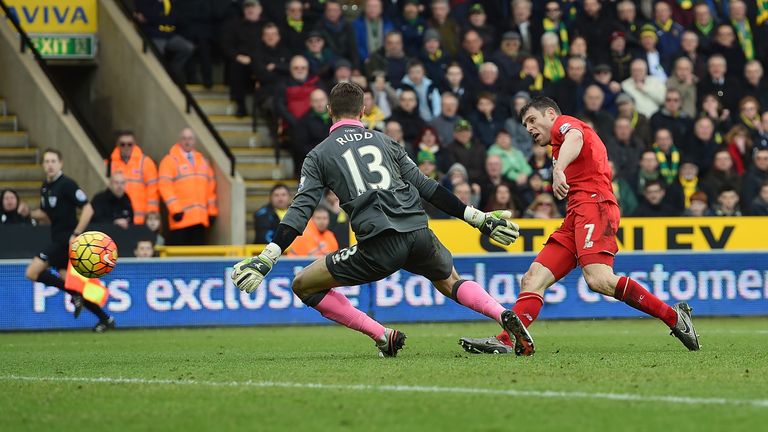 James Milner scores Liverpool's fourth goal against Norwich